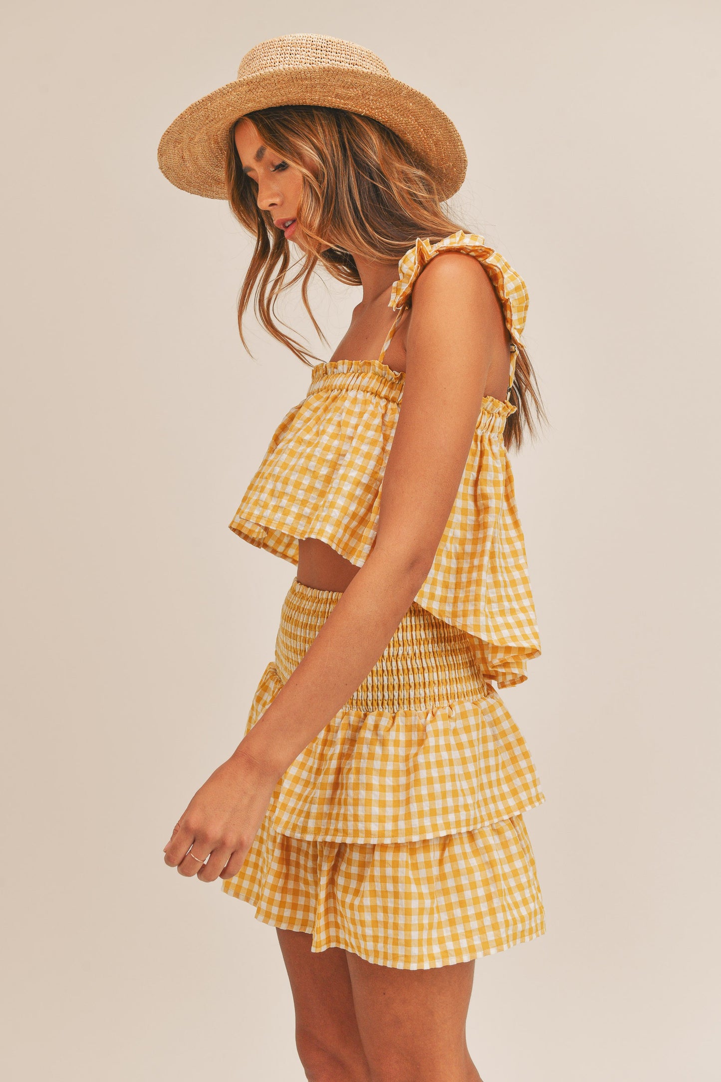 PLAID CROP RUFFLE TOP AND SMOCKED SKIRT SET