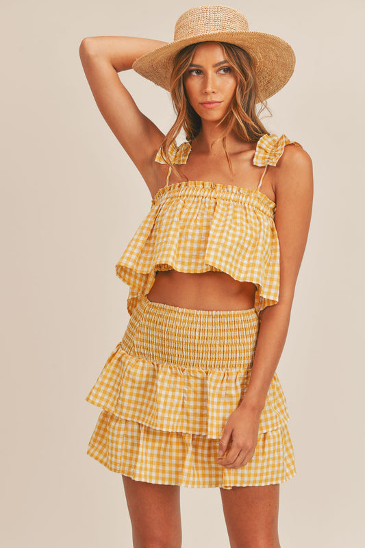 PLAID CROP RUFFLE TOP AND SMOCKED SKIRT SET