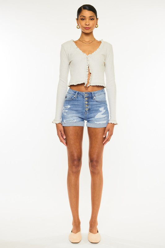 EXPOSED BUTTON HIGH RISE DENIM SHORTS -KC7187M