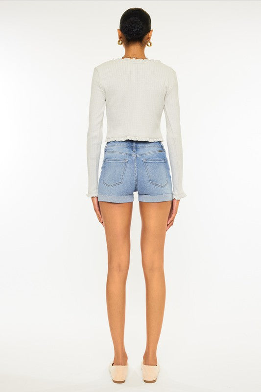 EXPOSED BUTTON HIGH RISE DENIM SHORTS -KC7187M