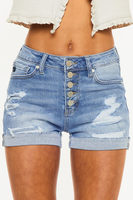 EXPOSED BUTTON HIGH RISE DENIM SHORTS -KC7187M