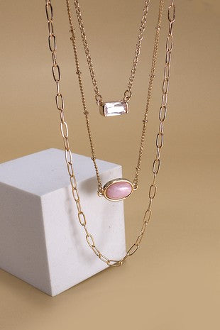 Pink Stone & Crystal Multi-Layer Necklace