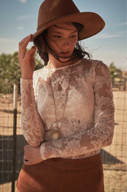 LONG SLEEVE FLORAL LACE MESH BODYSUIT