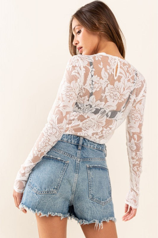 LONG SLEEVE FLORAL LACE MESH BODYSUIT