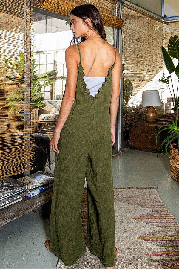 Ruffled Neckline Wide Leg Solid Jumpsuit