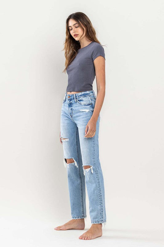 HIGH RISE DISTRESSED STRAIGHT JEANS