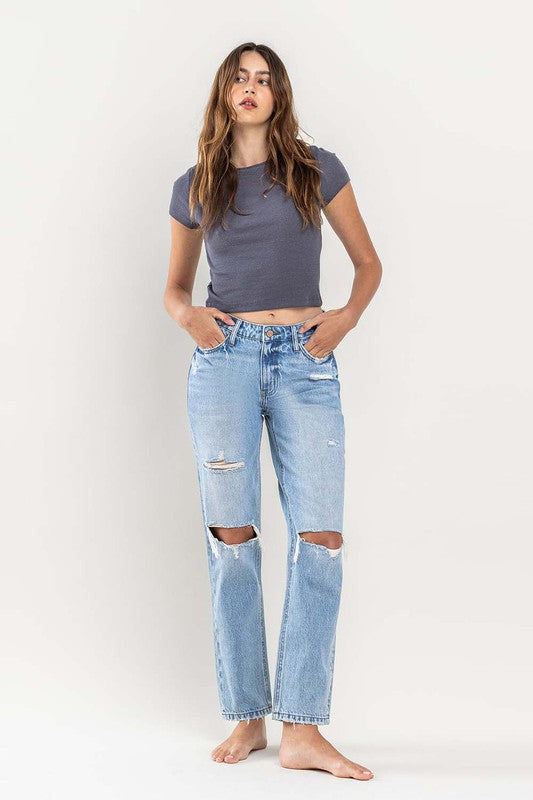 HIGH RISE DISTRESSED STRAIGHT JEANS