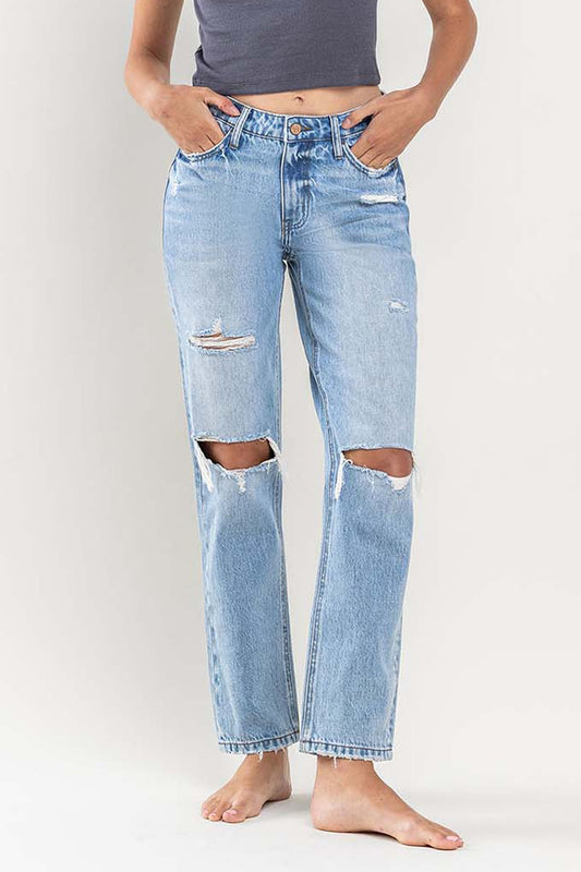 HIGH RISE DISTRESSED STRAIGHT JEANS