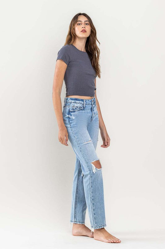 HIGH RISE DISTRESSED STRAIGHT JEANS