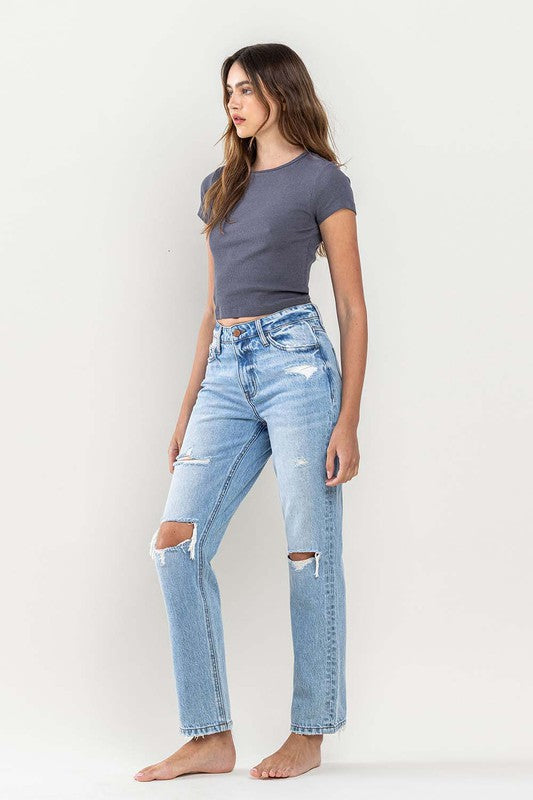 HIGH RISE DISTRESSED STRAIGHT JEANS