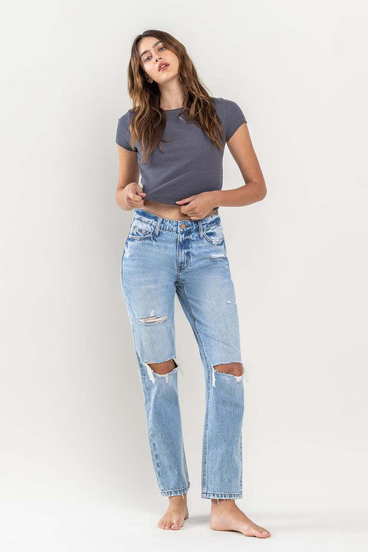 HIGH RISE DISTRESSED STRAIGHT JEANS