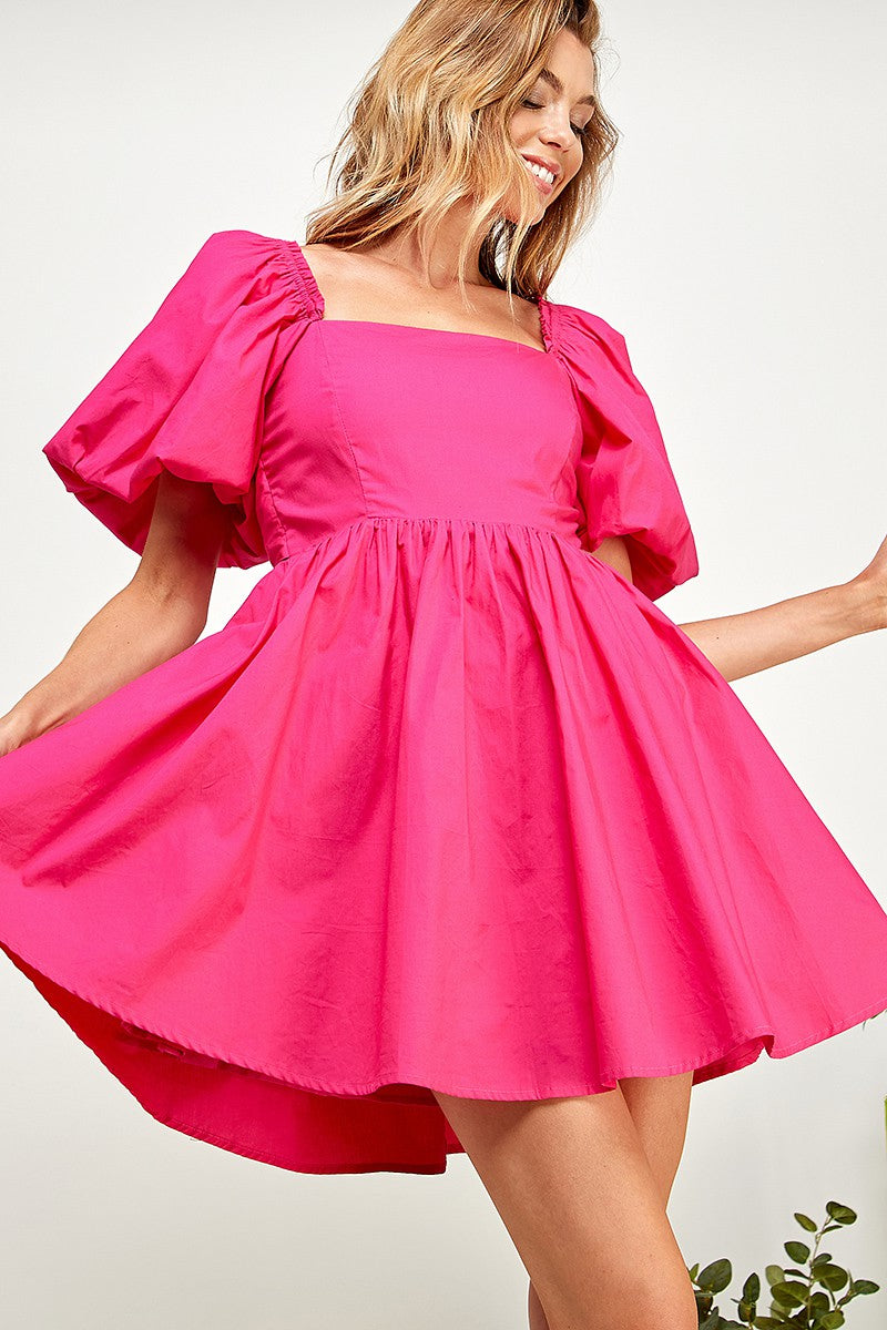 PUFFLED BALLOON SLEEVE TIE BACK DRESS